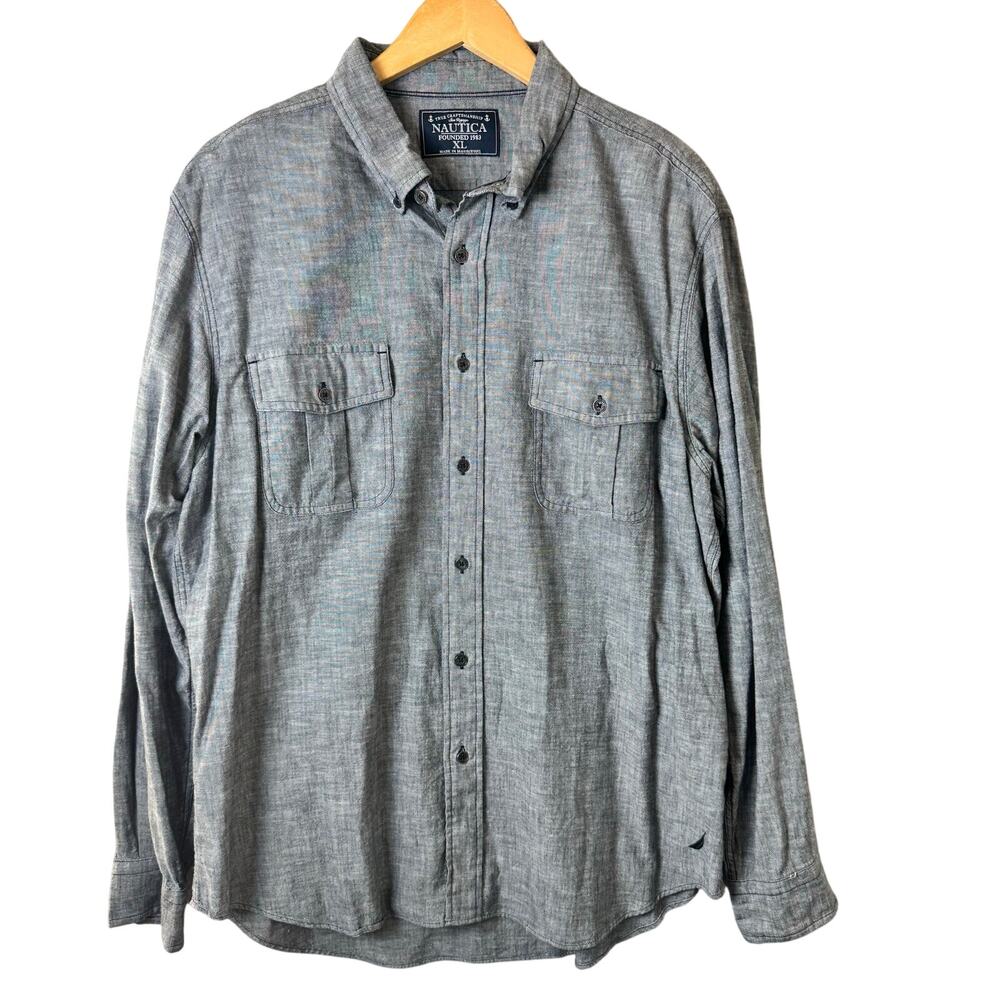 Nautica Button Down Shirt Mens XL 100% Cotton Gray Casual Preppy Long Sleeve